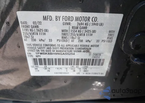 2022 Ford Explorer из США, поврежденный, VIN 1FMSK8BH9NGA55254